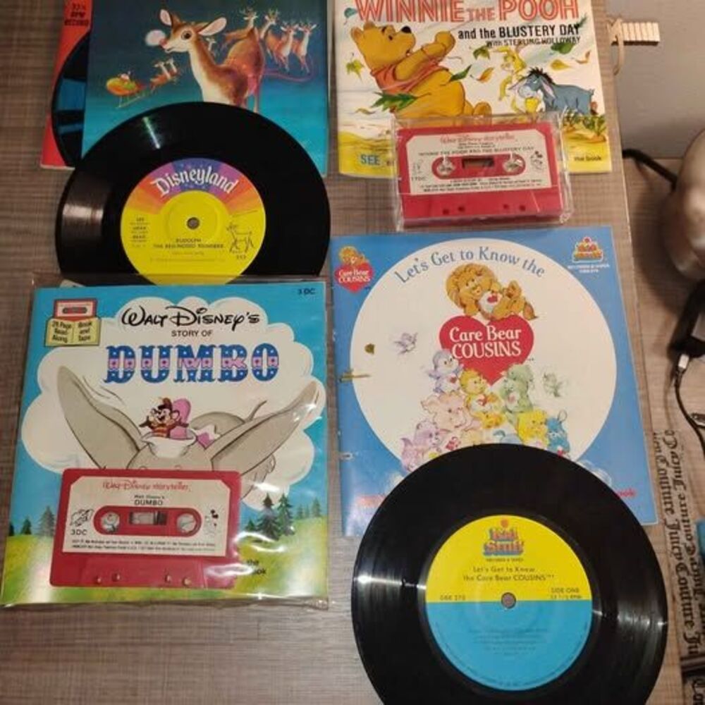 4 old/vintage children's books - including either a record or a cassette tape